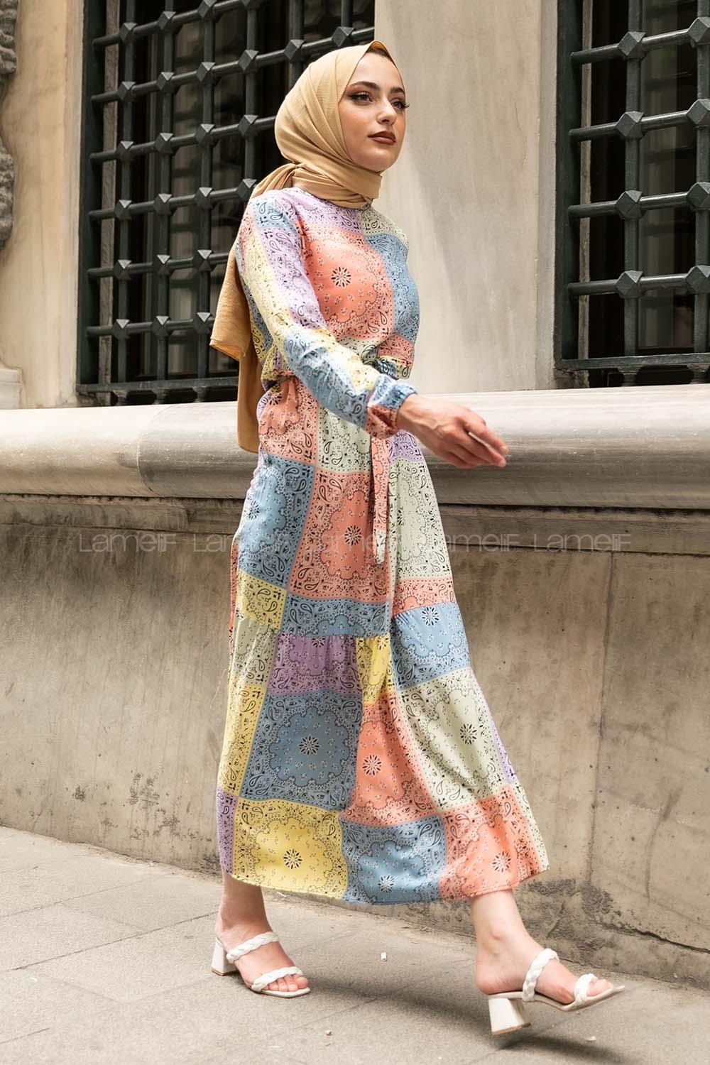 Modalamelif Beli Kuşaklı Etnik Desenli Elbise Somon-Mavi