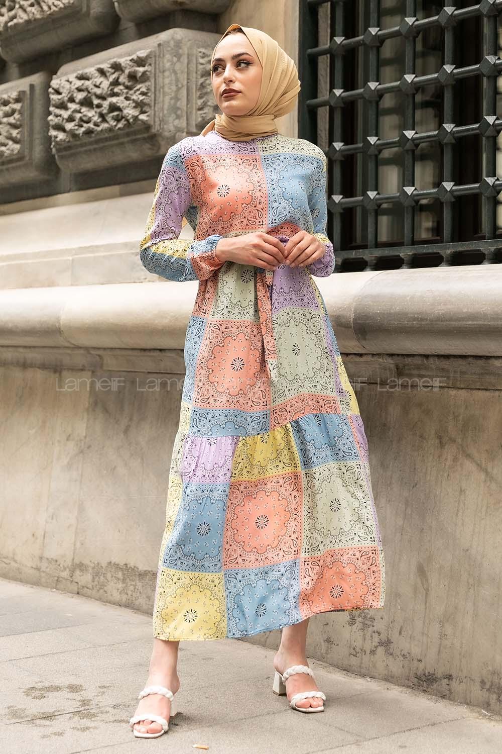 Modalamelif Beli Kuşaklı Etnik Desenli Elbise Somon-Mavi