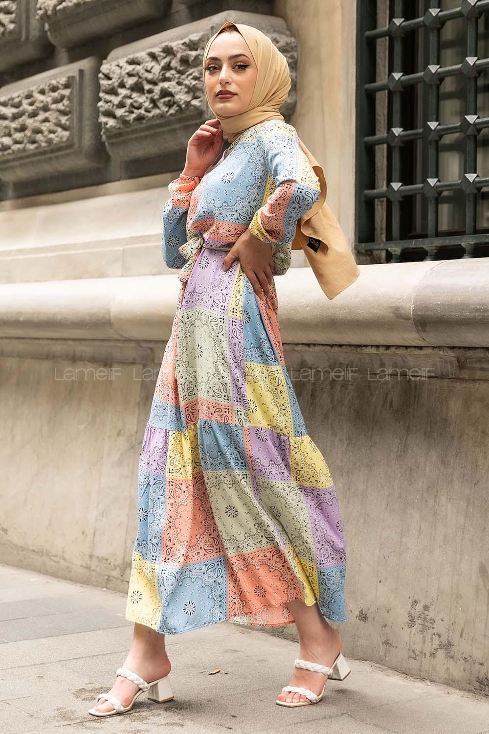 Modalamelif Beli Kuşaklı Etnik Desenli Elbise Somon-Mavi