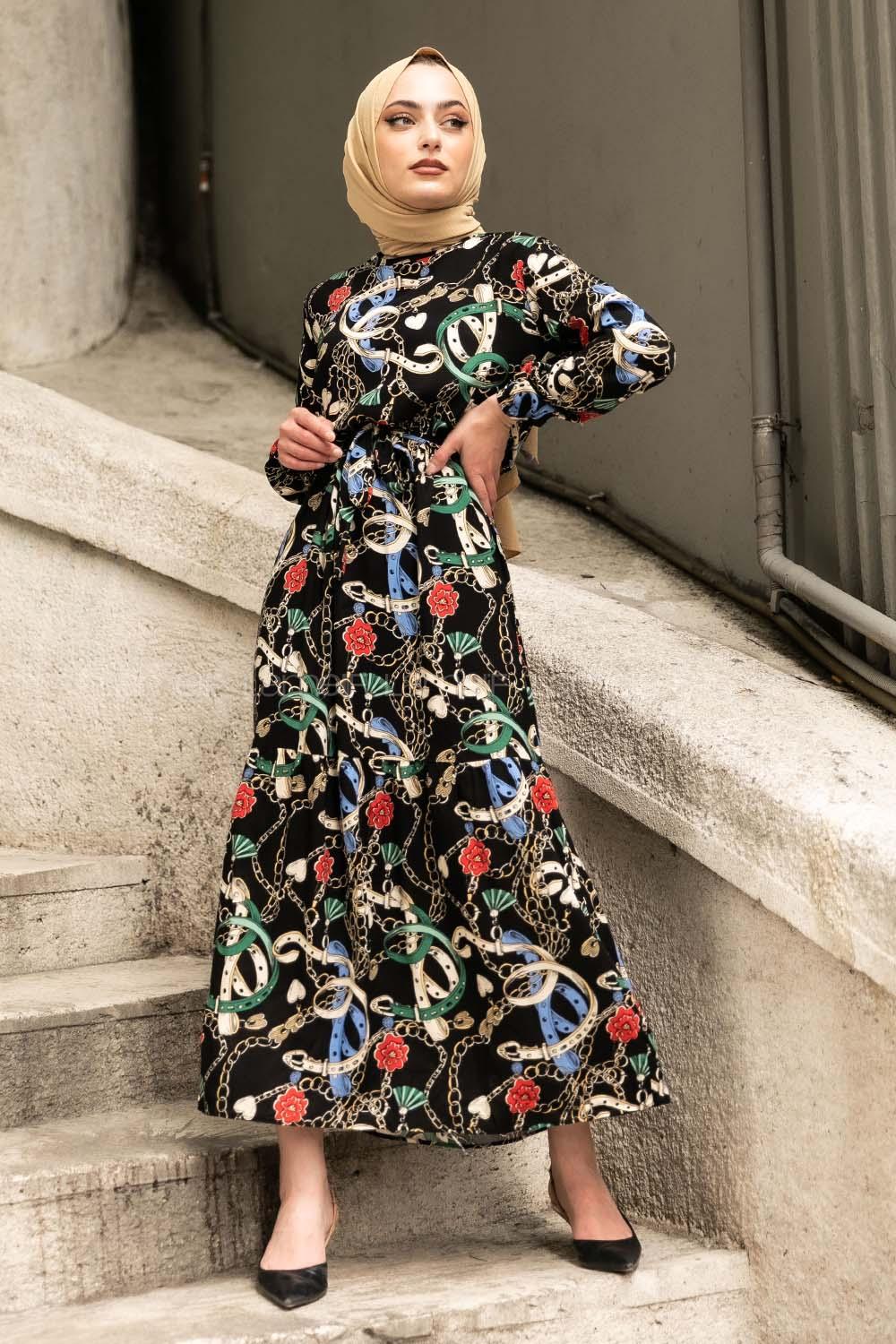 Modalamelif Beli Kuşaklı Kemer Desenli Elbise Siyah