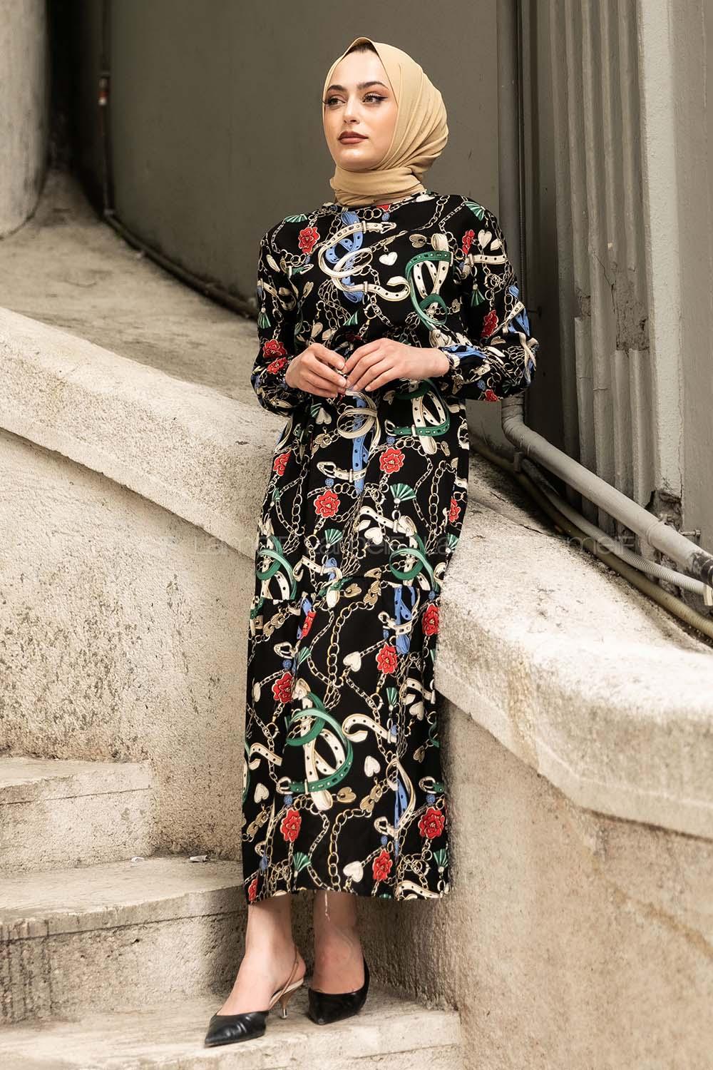 Modalamelif Beli Kuşaklı Kemer Desenli Elbise Siyah