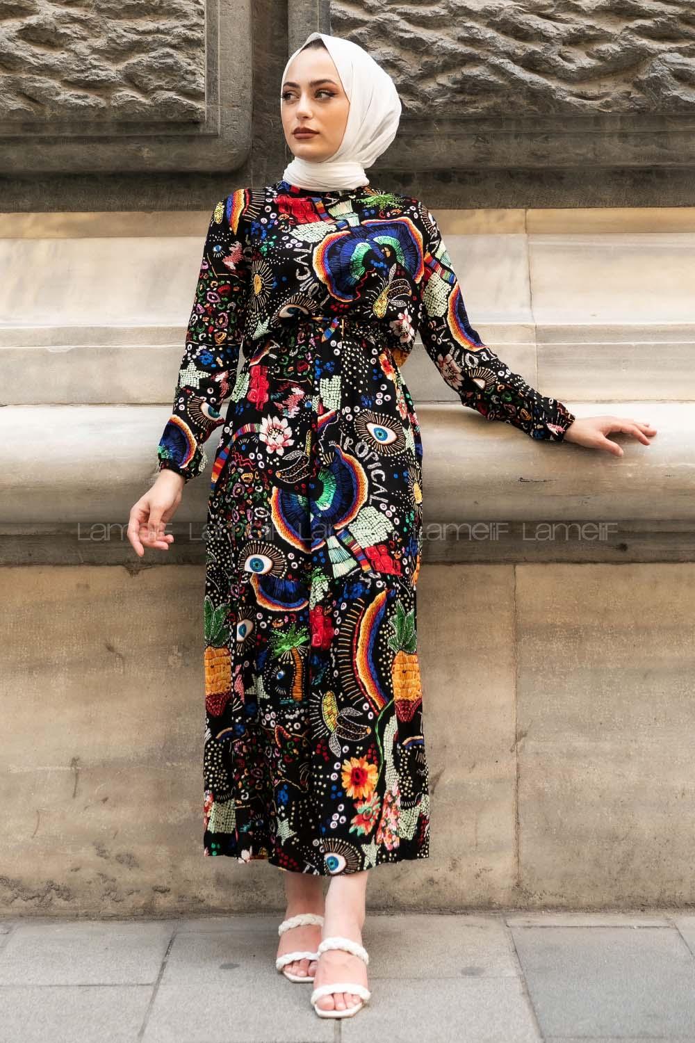 Modalamelif Beli Kuşaklı Tropical Desenli Elbise Siyah