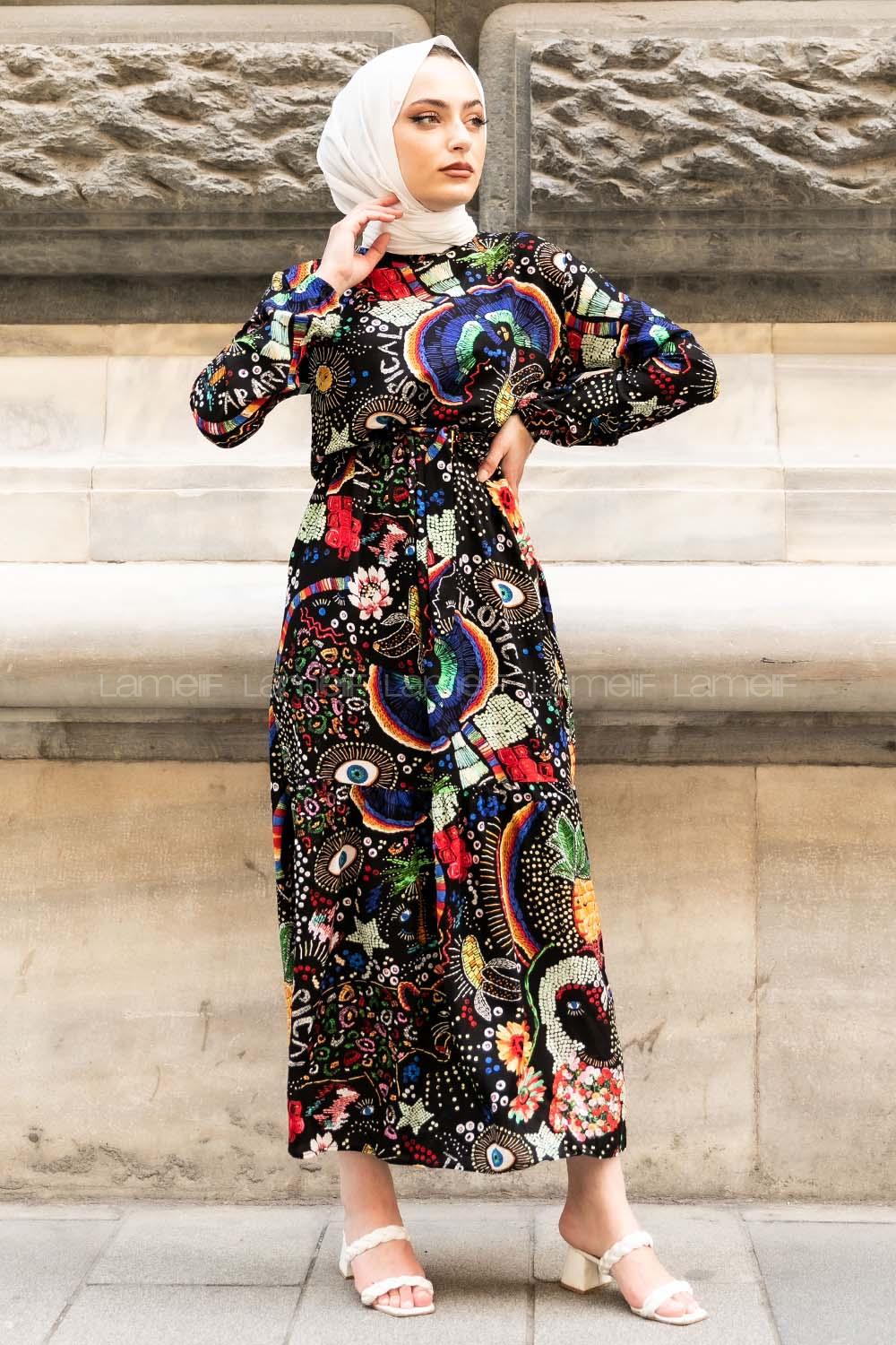 Modalamelif Beli Kuşaklı Tropical Desenli Elbise Siyah