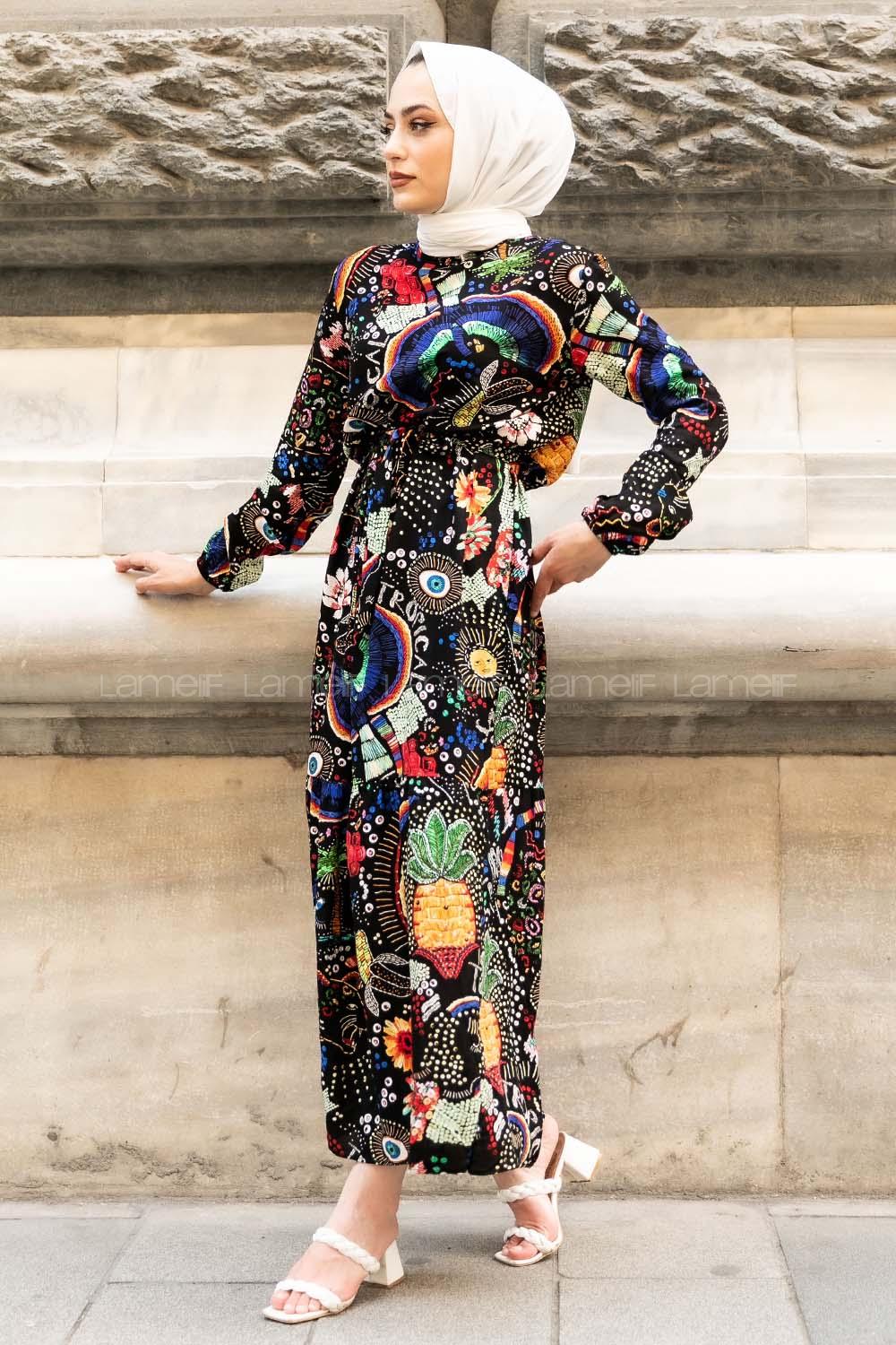 Modalamelif Beli Kuşaklı Tropical Desenli Elbise Siyah