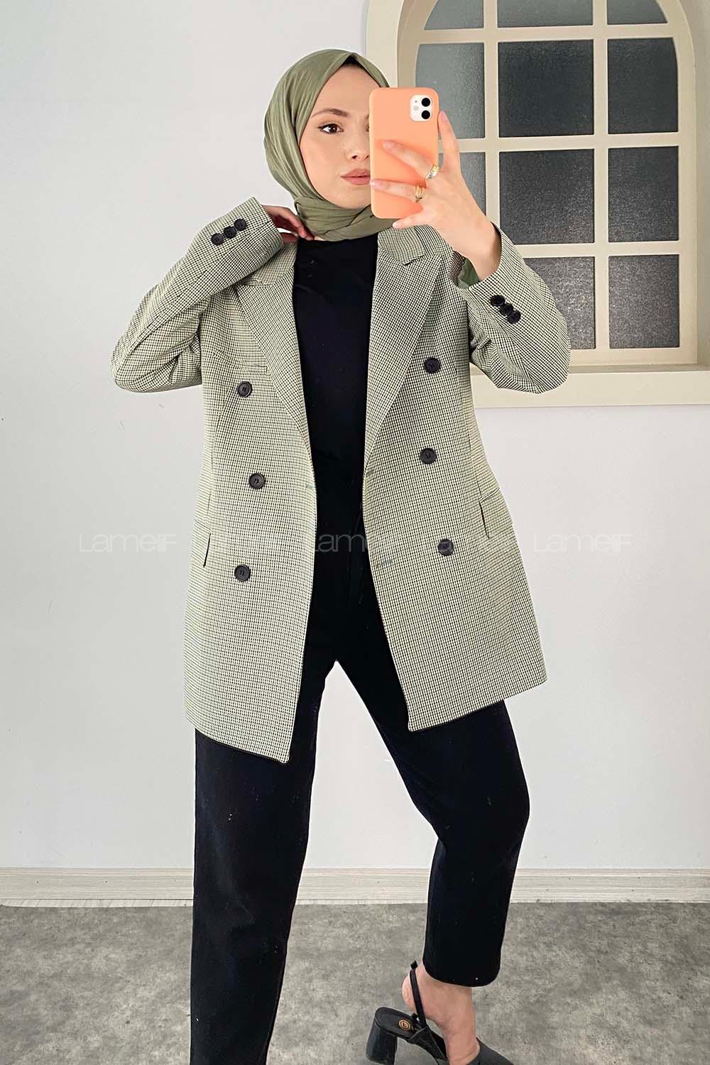 Modalamelif Düğme Detaylı Pötikare Blazer Ceket  Yeşil