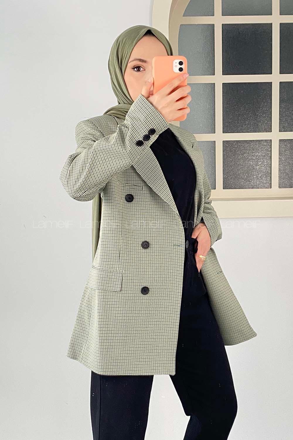 Modalamelif Düğme Detaylı Pötikare Blazer Ceket  Yeşil