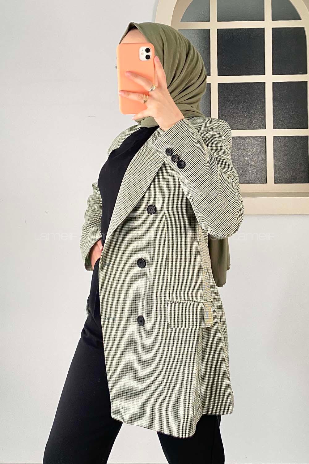 Modalamelif Düğme Detaylı Pötikare Blazer Ceket  Yeşil