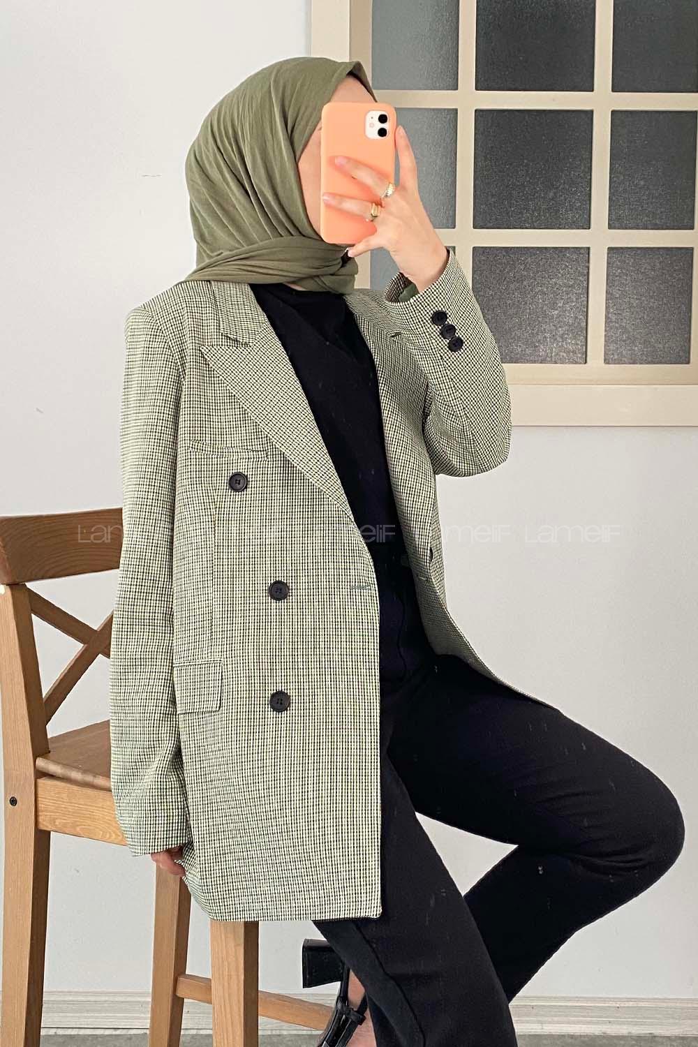 Modalamelif Düğme Detaylı Pötikare Blazer Ceket  Yeşil