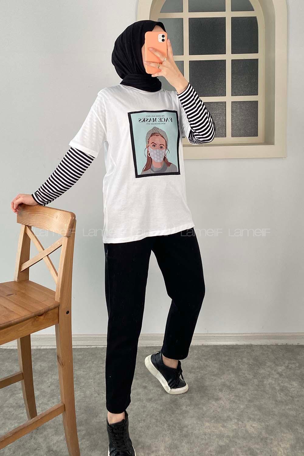Modalamelif Face Mask Grils Oversize T-Shirt Beyaz
