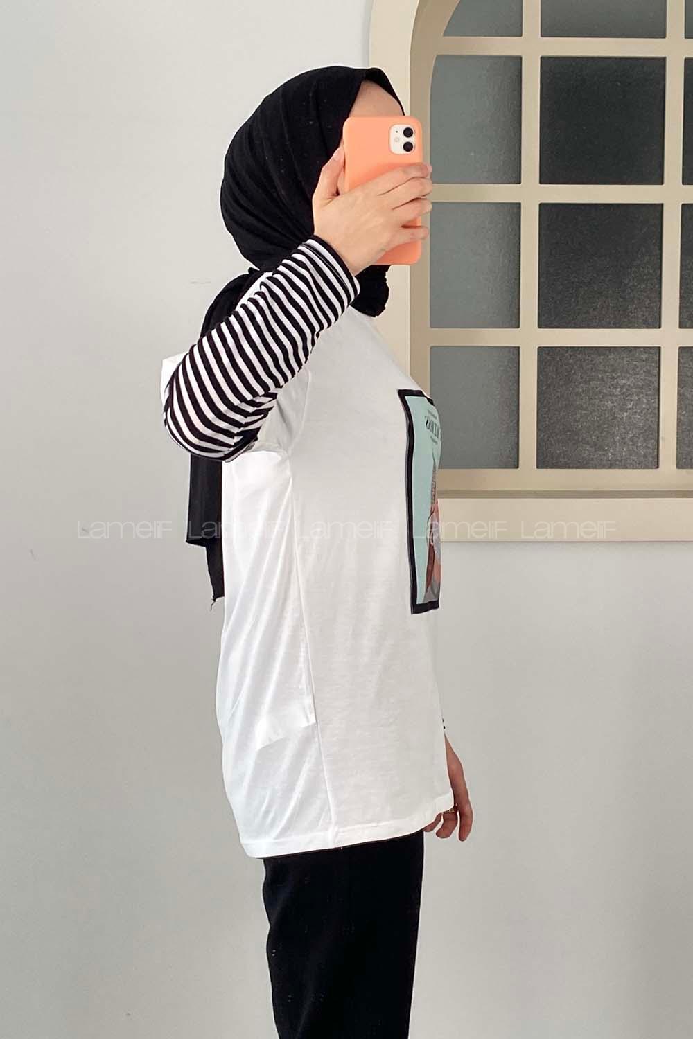 Modalamelif Face Mask Grils Oversize T-Shirt Beyaz