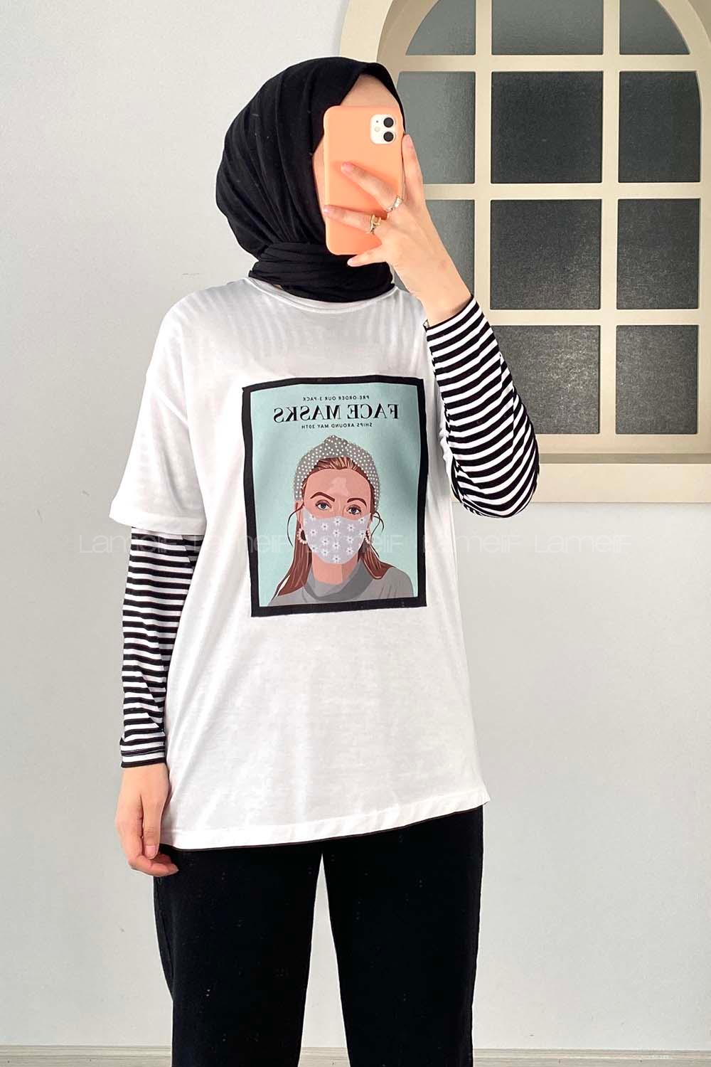Modalamelif Face Mask Grils Oversize T-Shirt Beyaz