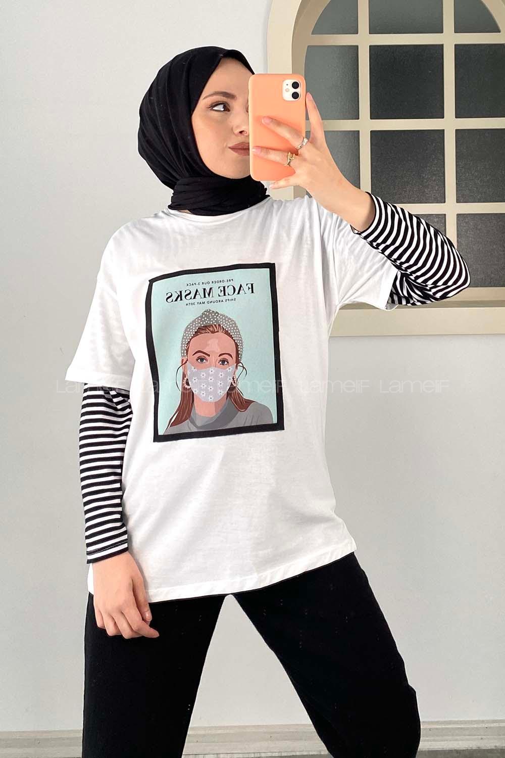 Modalamelif Face Mask Grils Oversize T-Shirt Beyaz