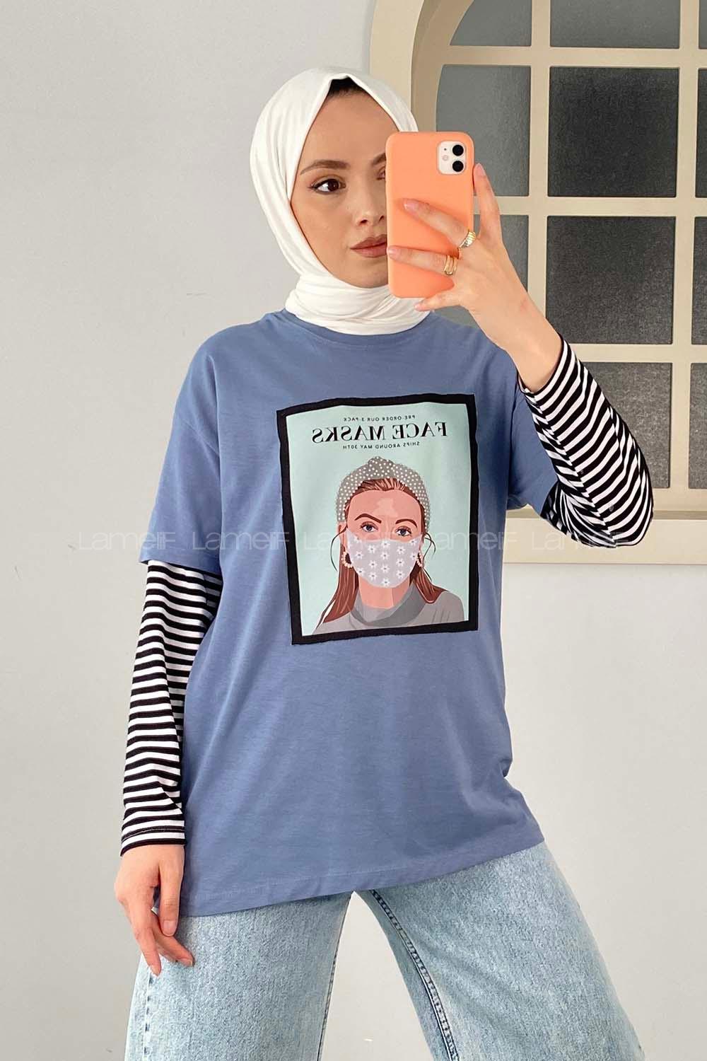 Modalamelif Face Mask Grils Oversize T-Shirt Mavi