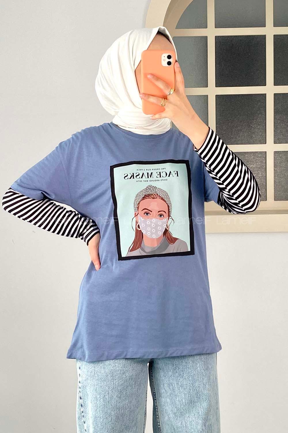 Modalamelif Face Mask Grils Oversize T-Shirt Mavi