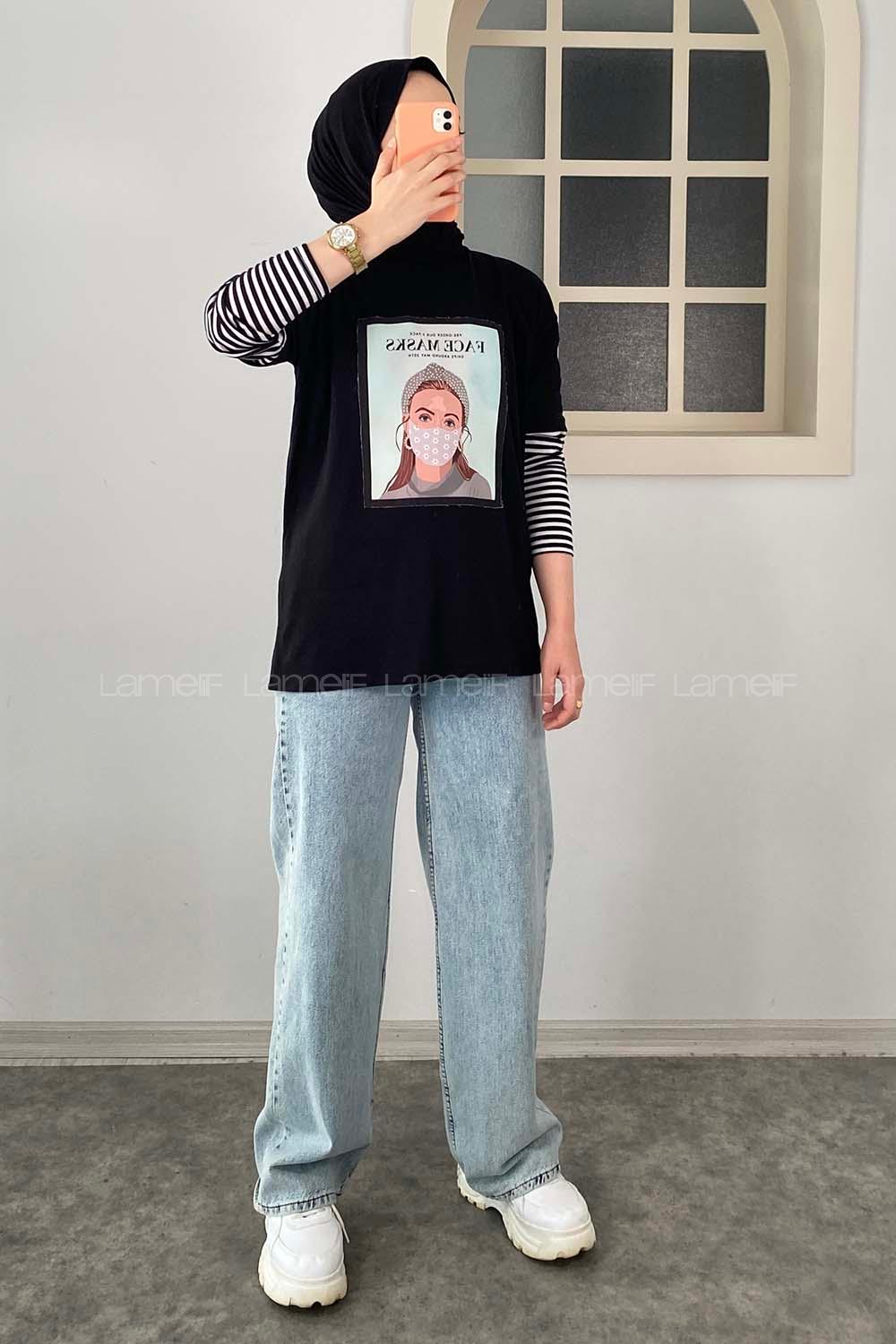 Modalamelif Face Mask Grils Oversize T-Shirt Siyah