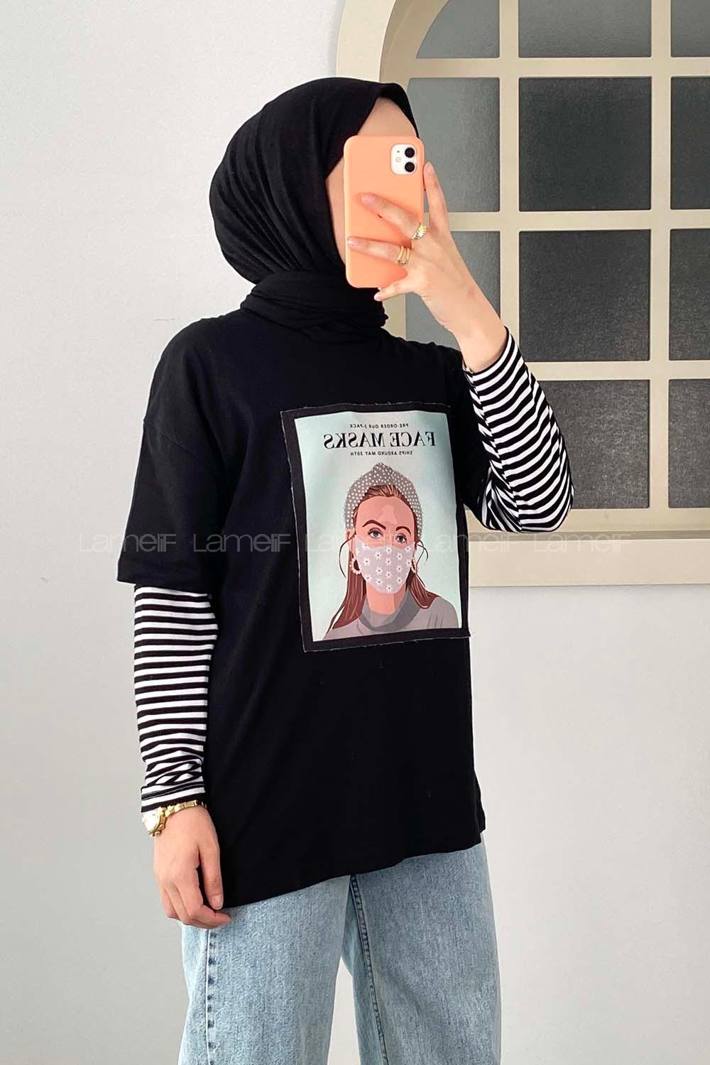 Modalamelif Face Mask Grils Oversize T-Shirt Siyah