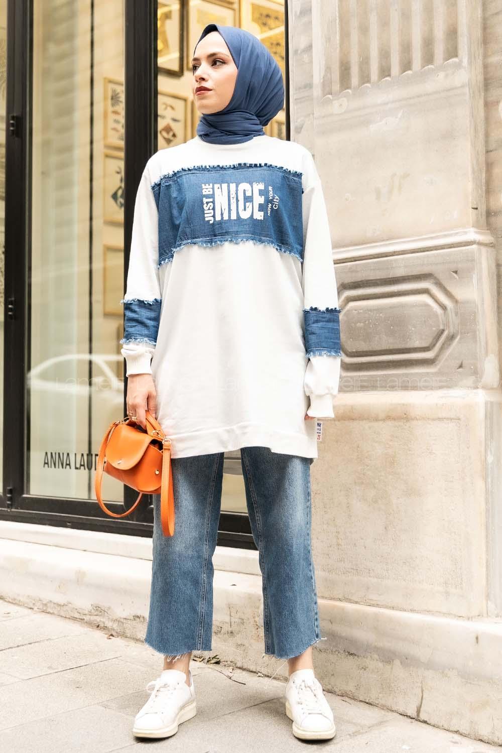 Modalamelif Ön Ve Kol kot Garnili Nıce Baskı Detaylı  Sweatshirt Beyaz