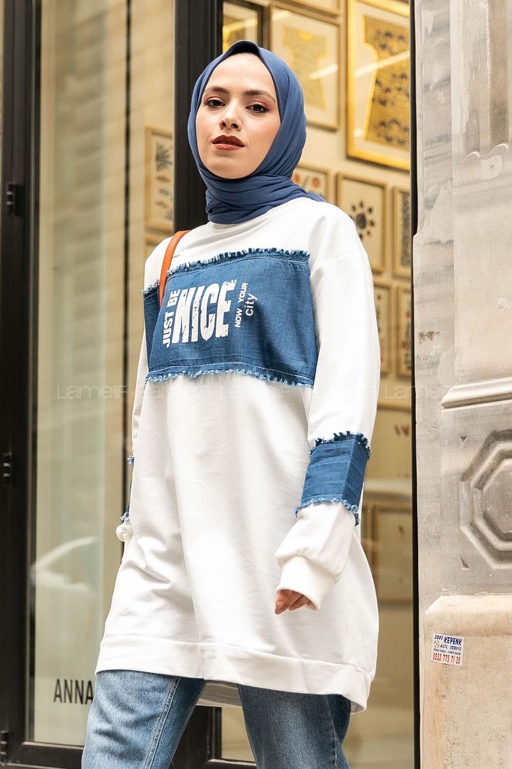 Modalamelif Ön Ve Kol kot Garnili Nıce Baskı Detaylı  Sweatshirt Beyaz