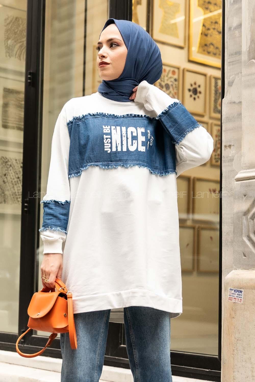 Modalamelif Ön Ve Kol kot Garnili Nıce Baskı Detaylı  Sweatshirt Beyaz