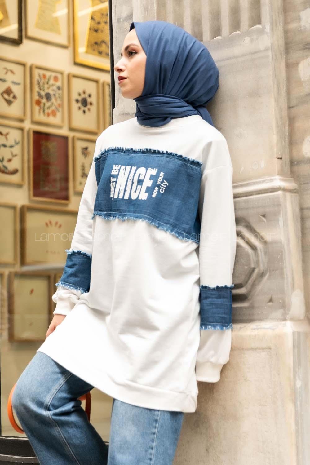 Modalamelif Ön Ve Kol kot Garnili Nıce Baskı Detaylı  Sweatshirt Beyaz