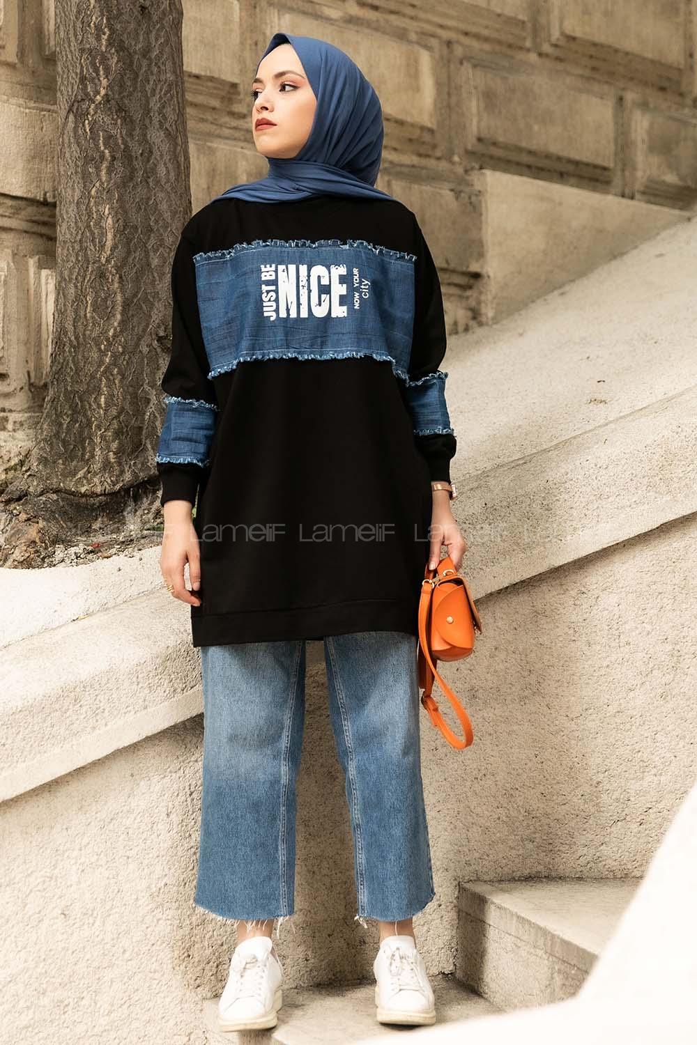 Modalamelif Ön Ve Kol kot Garnili Nıce Baskı Detaylı  Sweatshirt Siyah