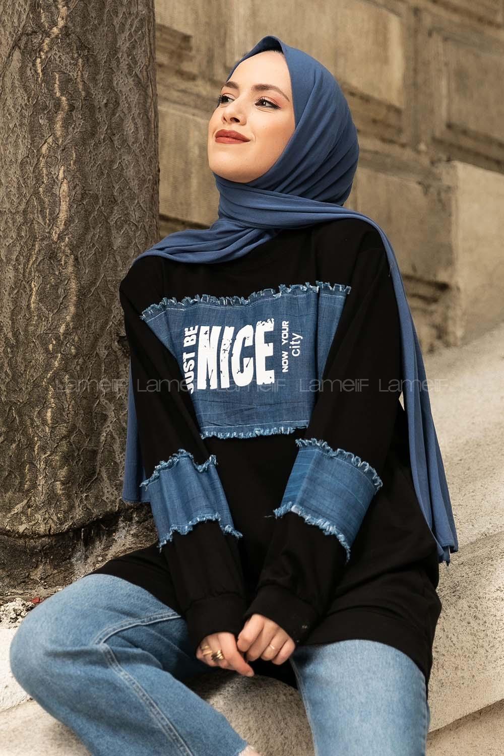 Modalamelif Ön Ve Kol kot Garnili Nıce Baskı Detaylı  Sweatshirt Siyah