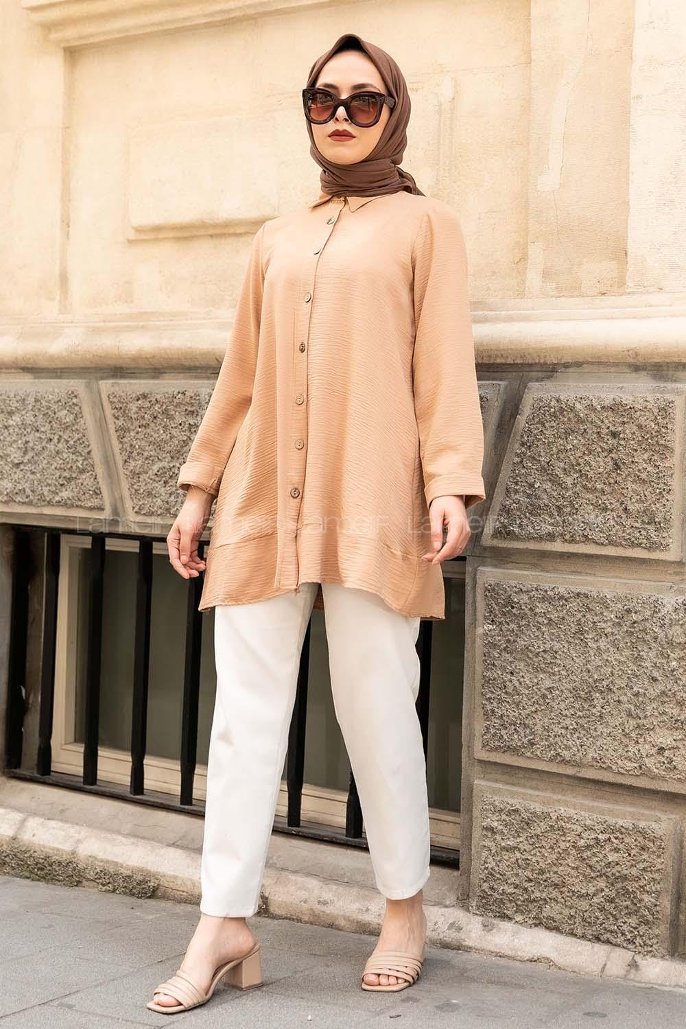 Modalamelif Önü Düğmeli Ayrobin Gömlek Sütlü Kahve
