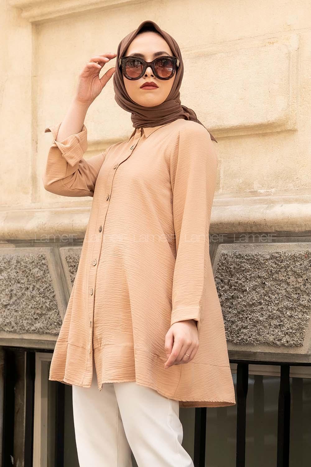 Modalamelif Önü Düğmeli Ayrobin Gömlek Sütlü Kahve