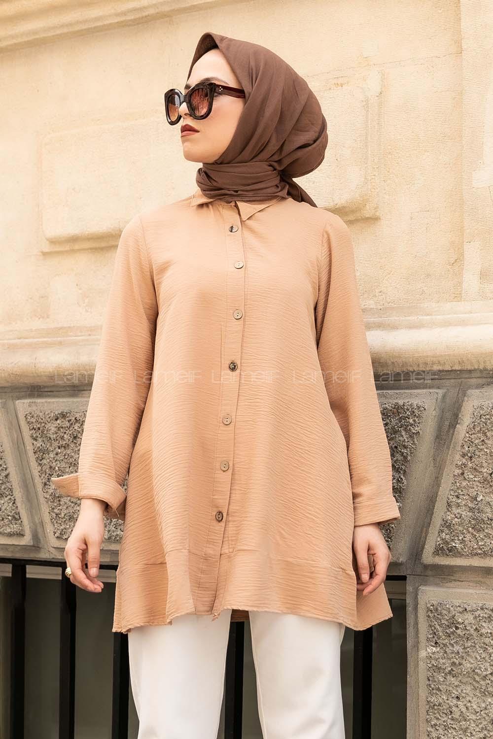 Modalamelif Önü Düğmeli Ayrobin Gömlek Sütlü Kahve