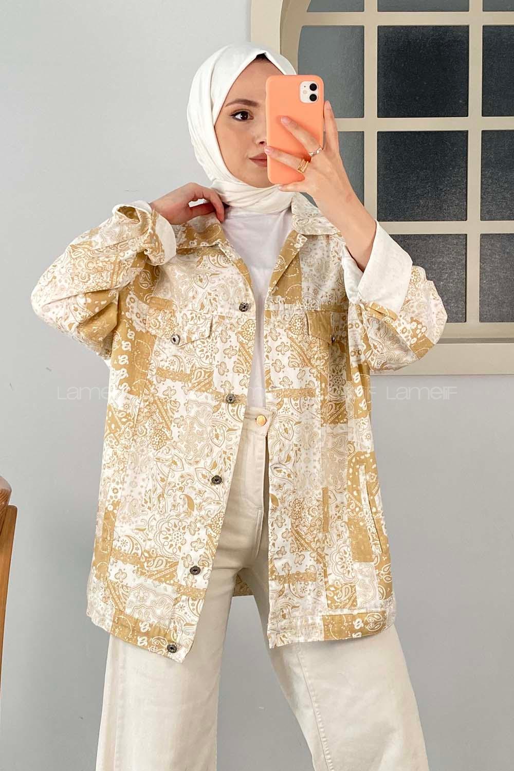 Modalamelif Önü Düğmeli Desenli Crop Ceket Sütlü Kahve