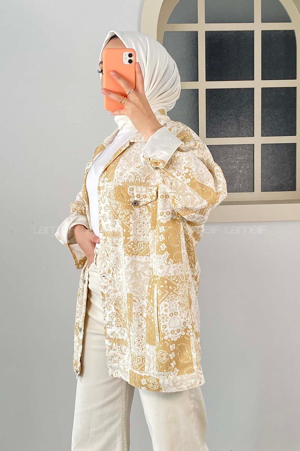 Modalamelif Önü Düğmeli Desenli Crop Ceket Sütlü Kahve