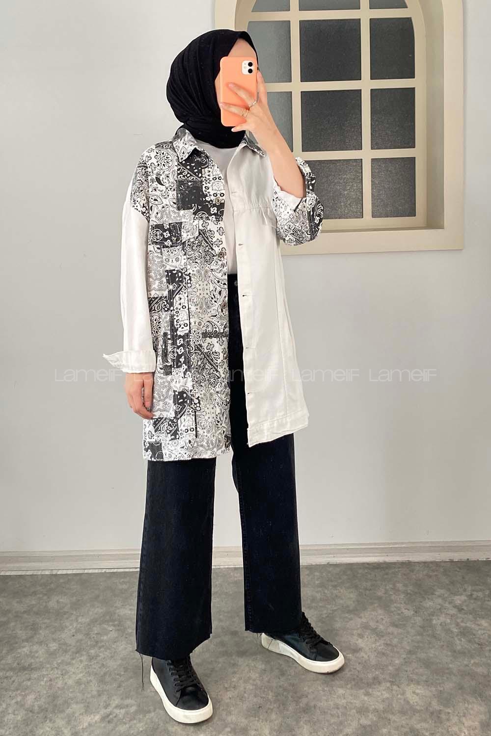 Modalamelif Önü Düğmeli Etnik Desen Ceket Garnili Ekru-Siyah