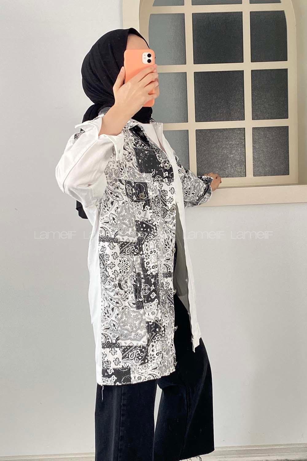 Modalamelif Önü Düğmeli Etnik Desen Ceket Garnili Ekru-Siyah