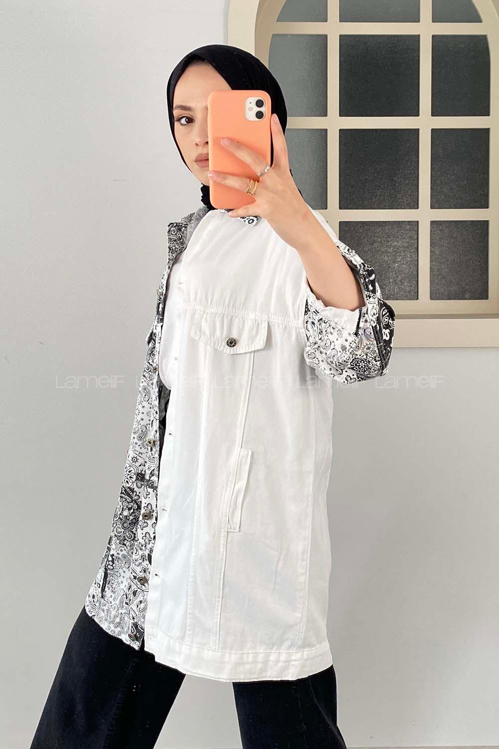 Modalamelif Önü Düğmeli Etnik Desen Ceket Garnili Ekru-Siyah