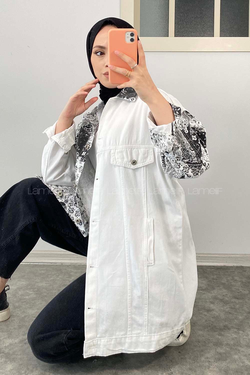 Modalamelif Önü Düğmeli Etnik Desen Ceket Garnili Ekru-Siyah