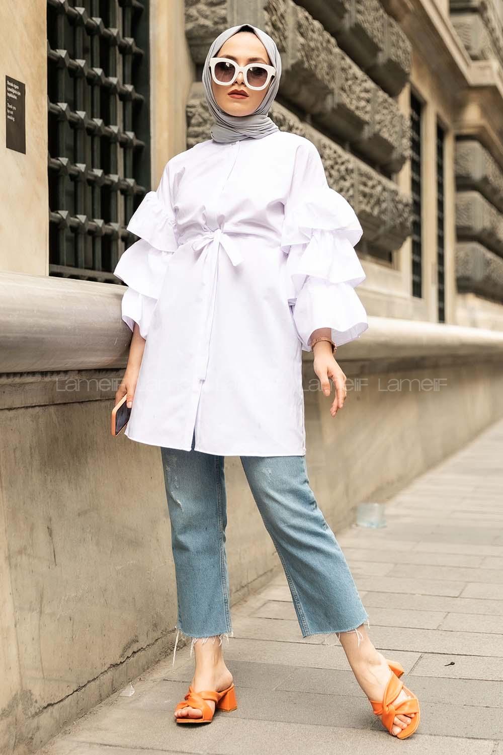 Modalamelif Önü Gizli Boydan Düğmeli Kolu FırFır Detaylı Gömlek Beyaz