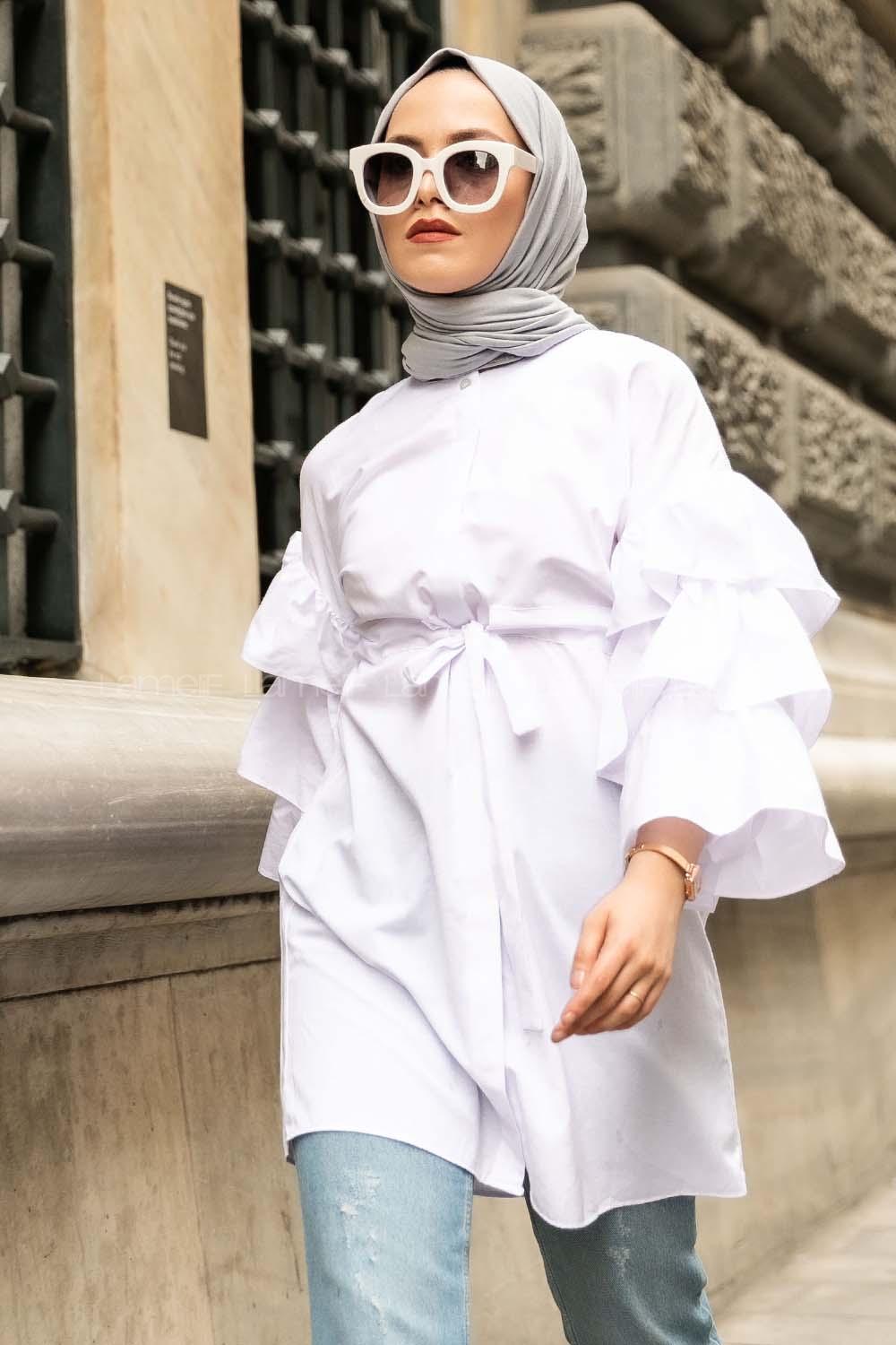 Modalamelif Önü Gizli Boydan Düğmeli Kolu FırFır Detaylı Gömlek Beyaz