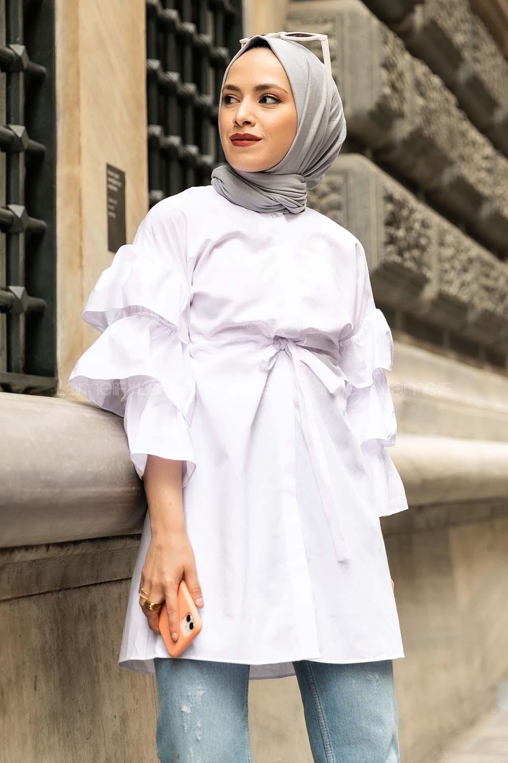 Modalamelif Önü Gizli Boydan Düğmeli Kolu FırFır Detaylı Gömlek Beyaz