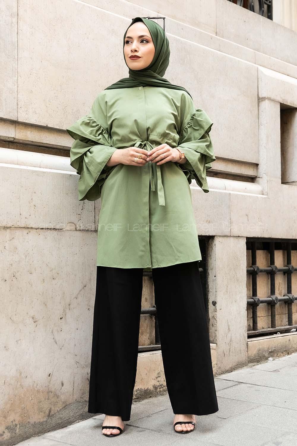 Modalamelif Önü Gizli Boydan Düğmeli Kolu FırFır Detaylı Gömlek Çağla Yeşili