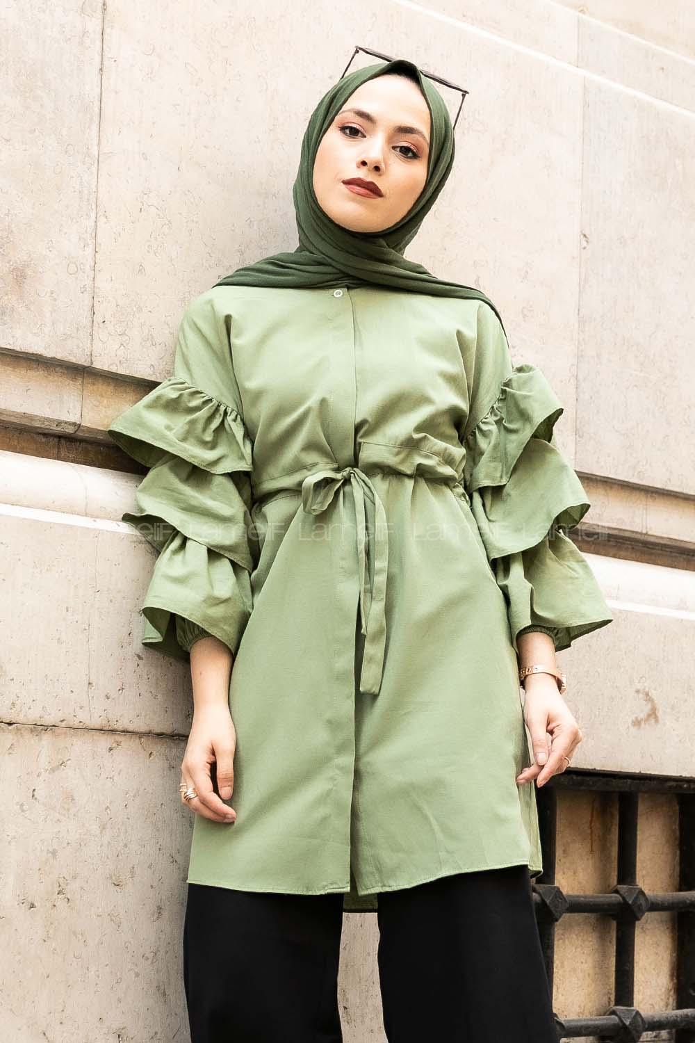 Modalamelif Önü Gizli Boydan Düğmeli Kolu FırFır Detaylı Gömlek Çağla Yeşili