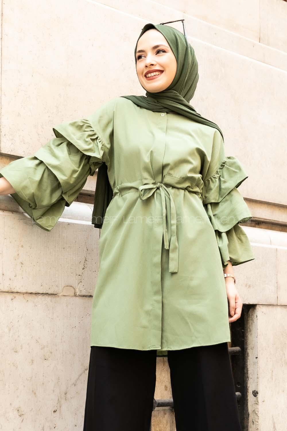 Modalamelif Önü Gizli Boydan Düğmeli Kolu FırFır Detaylı Gömlek Çağla Yeşili