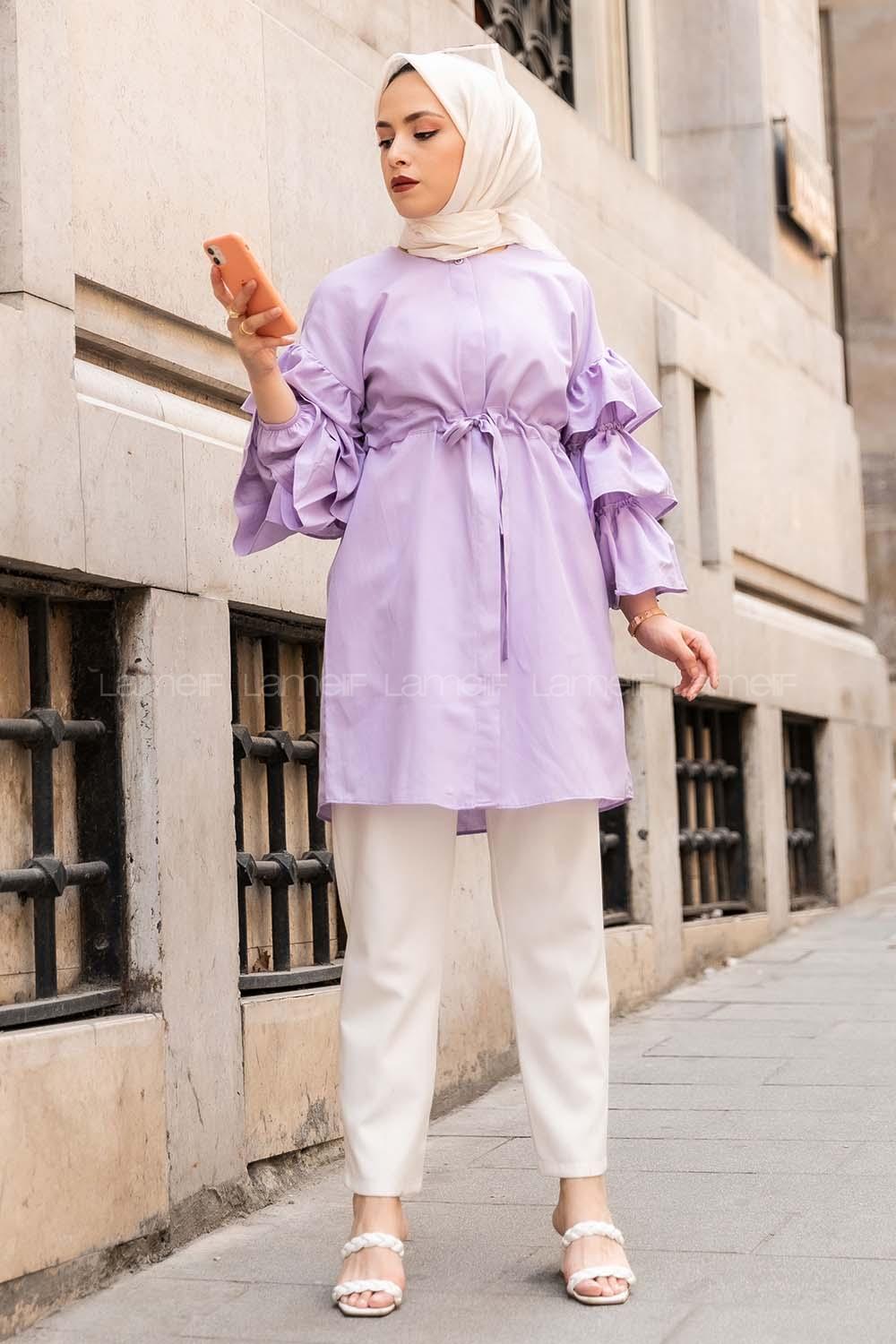 Modalamelif Önü Gizli Boydan Düğmeli Kolu FırFır Detaylı Gömlek Lila