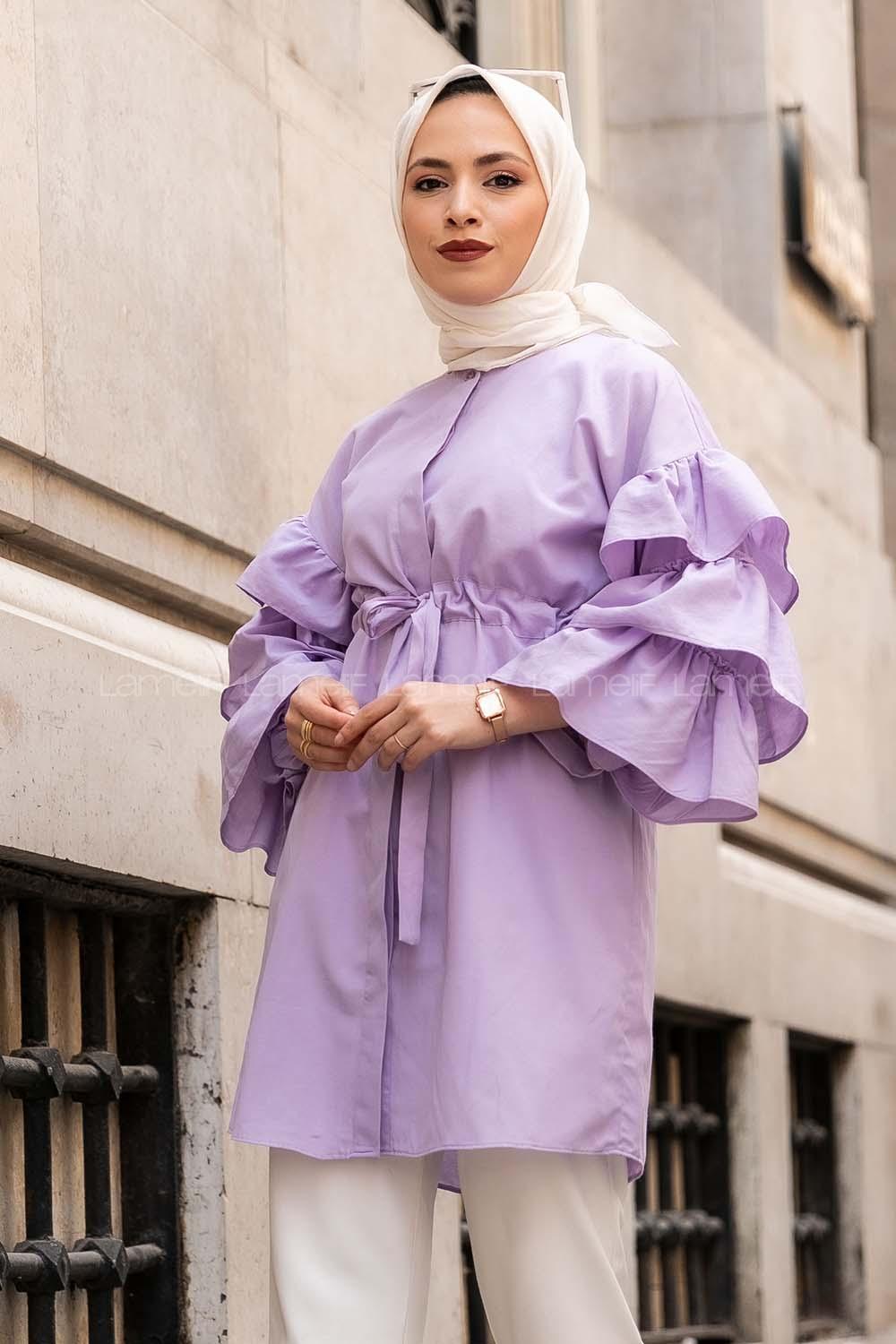 Modalamelif Önü Gizli Boydan Düğmeli Kolu FırFır Detaylı Gömlek Lila