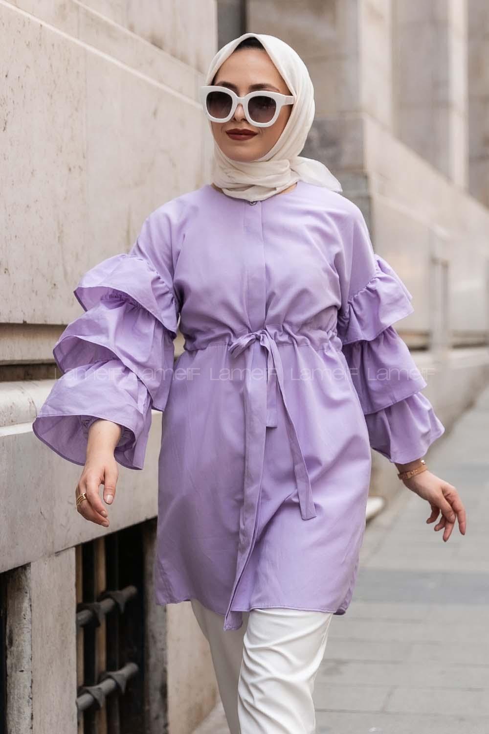 Modalamelif Önü Gizli Boydan Düğmeli Kolu FırFır Detaylı Gömlek Lila