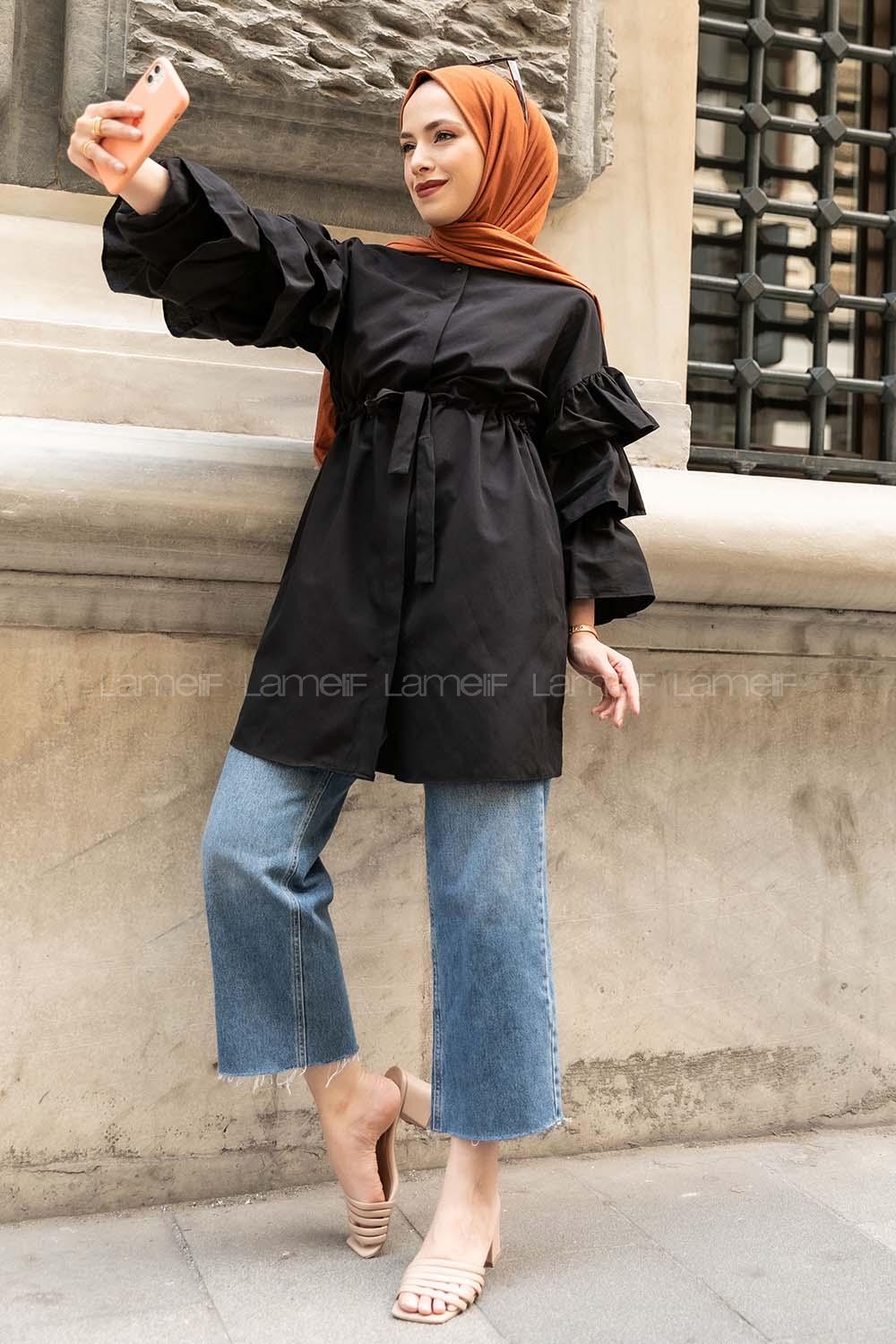 Modalamelif Önü Gizli Boydan Düğmeli Kolu FırFır Detaylı Gömlek Siyah