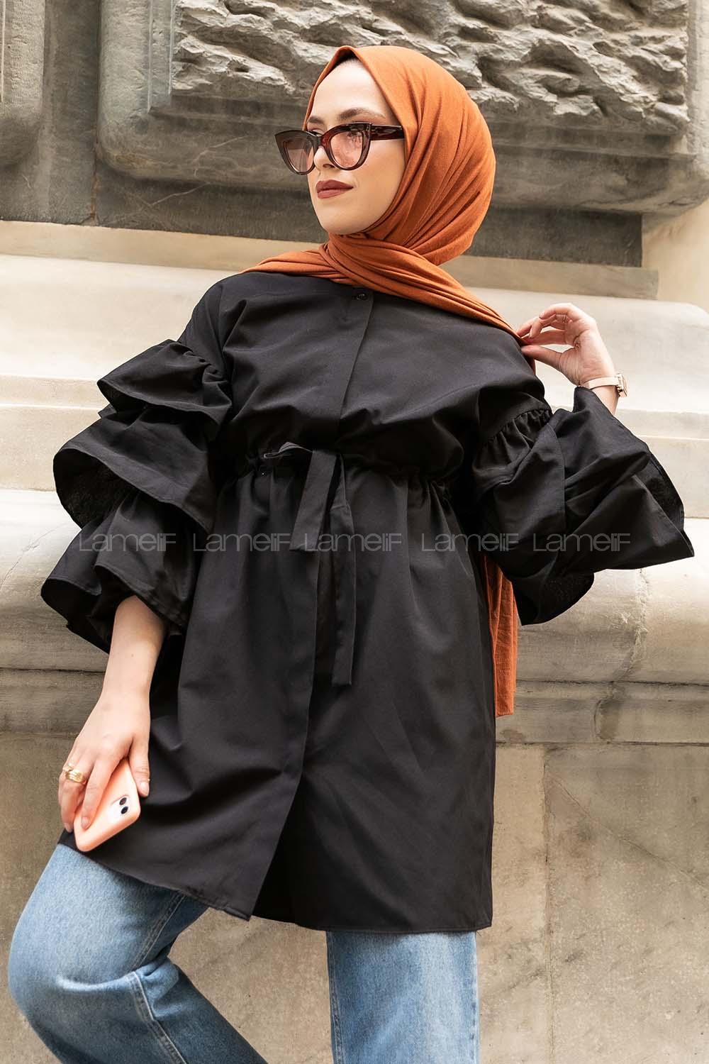 Modalamelif Önü Gizli Boydan Düğmeli Kolu FırFır Detaylı Gömlek Siyah