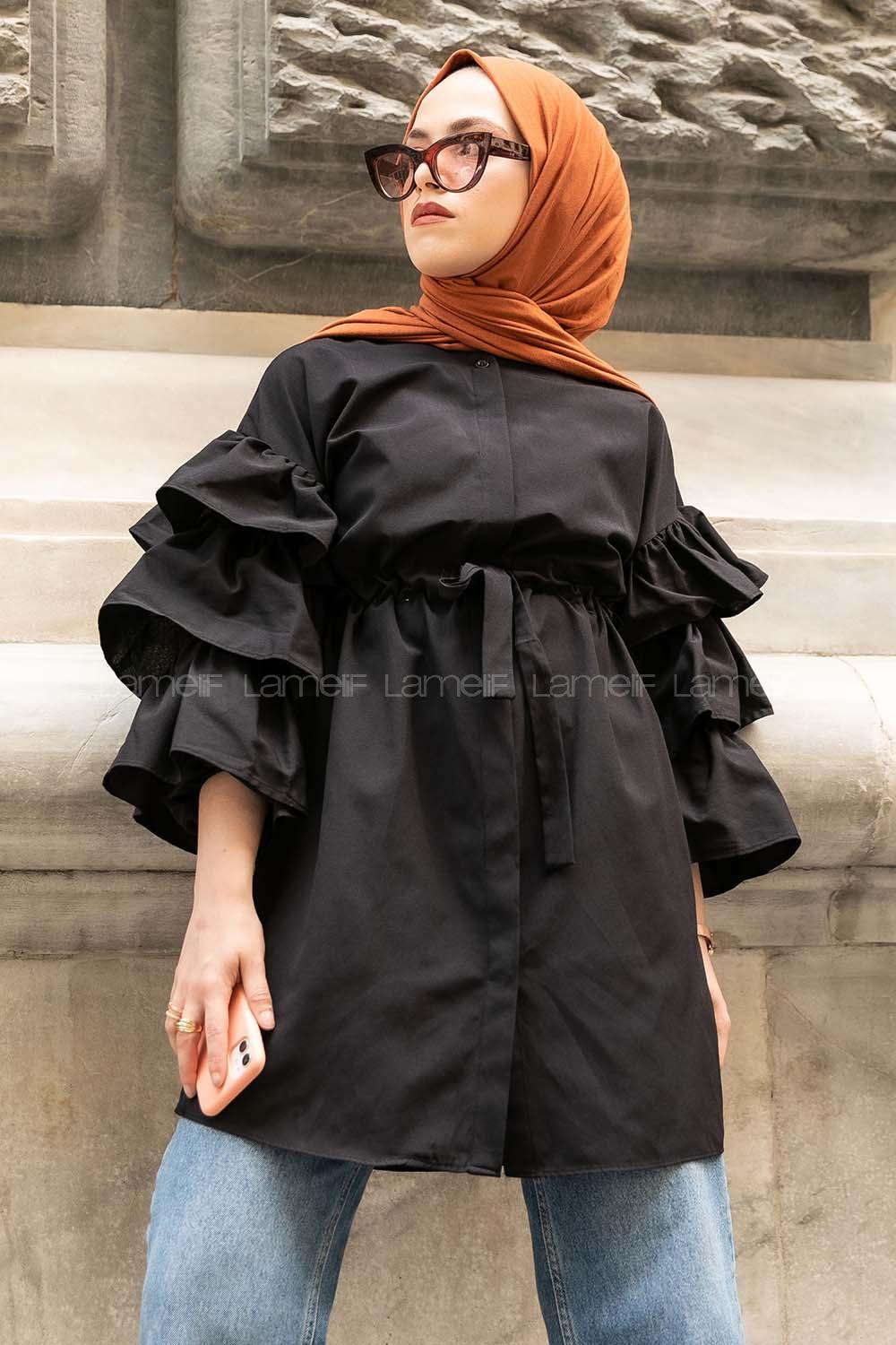 Modalamelif Önü Gizli Boydan Düğmeli Kolu FırFır Detaylı Gömlek Siyah