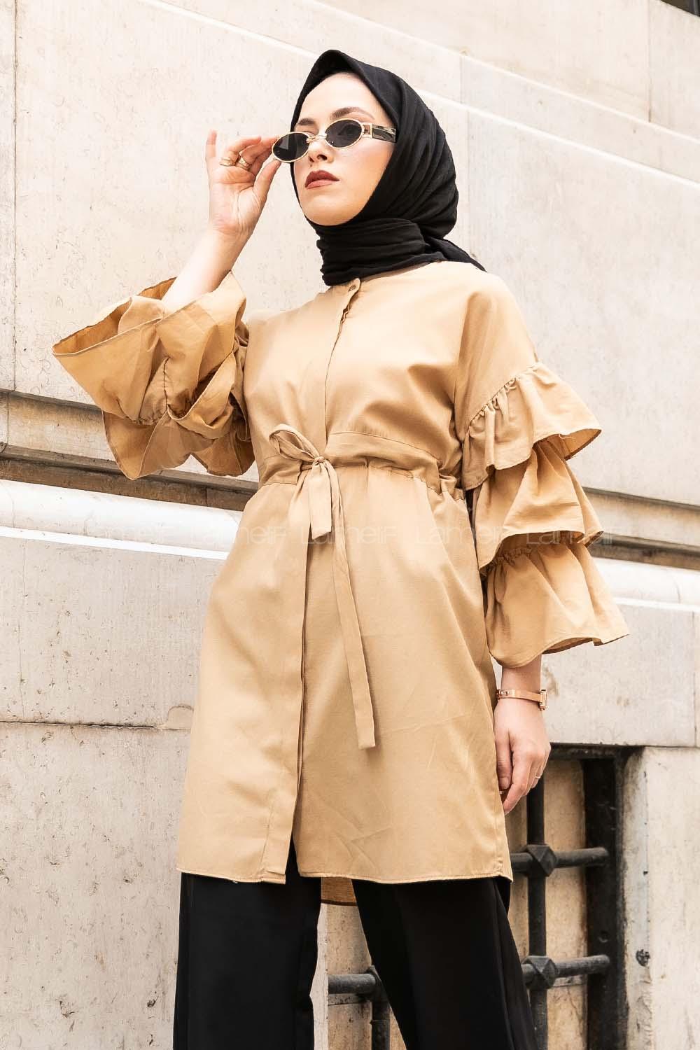 Modalamelif Önü Gizli Boydan Düğmeli Kolu FırFır Detaylı Gömlek Sütlü Kahve