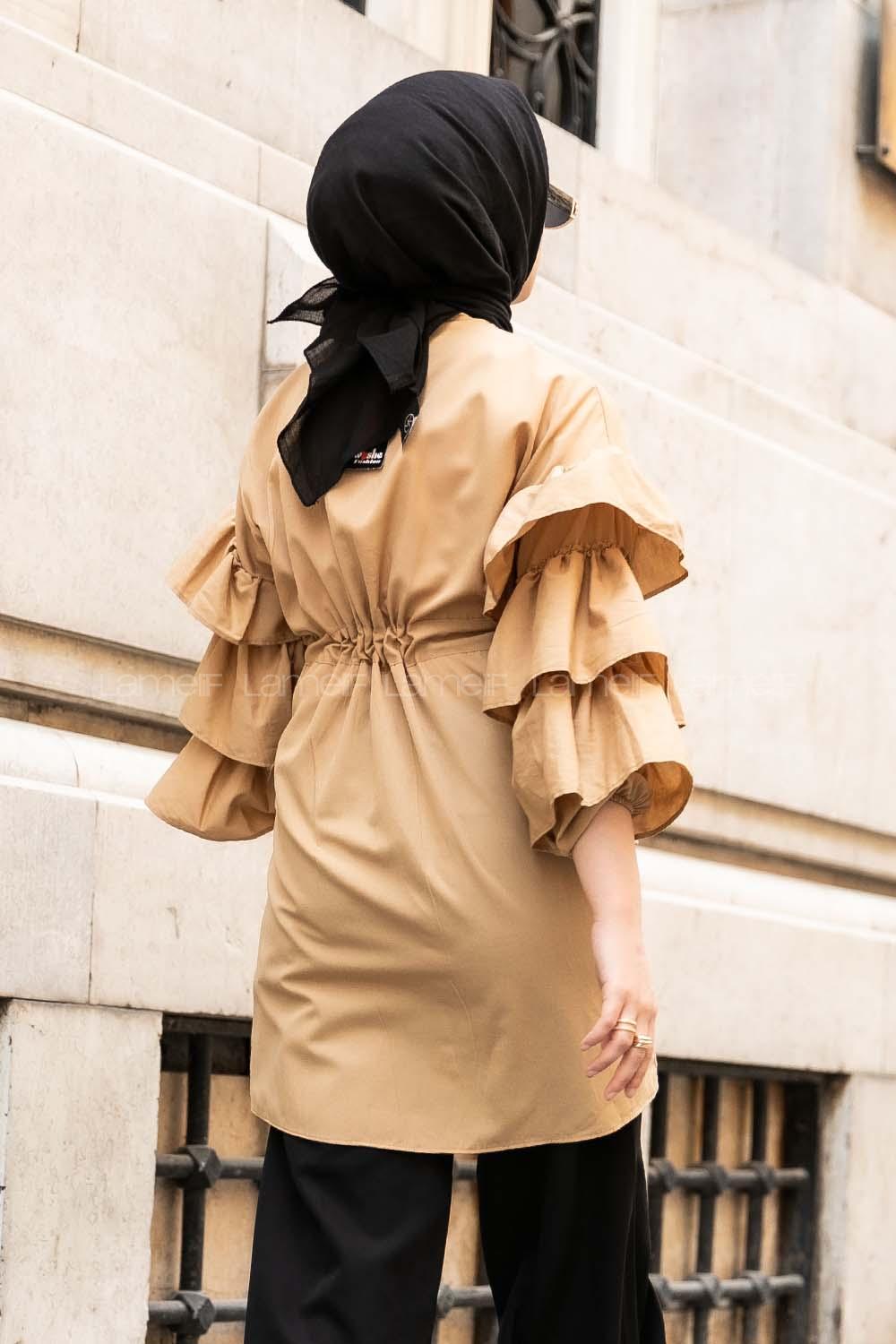 Modalamelif Önü Gizli Boydan Düğmeli Kolu FırFır Detaylı Gömlek Sütlü Kahve