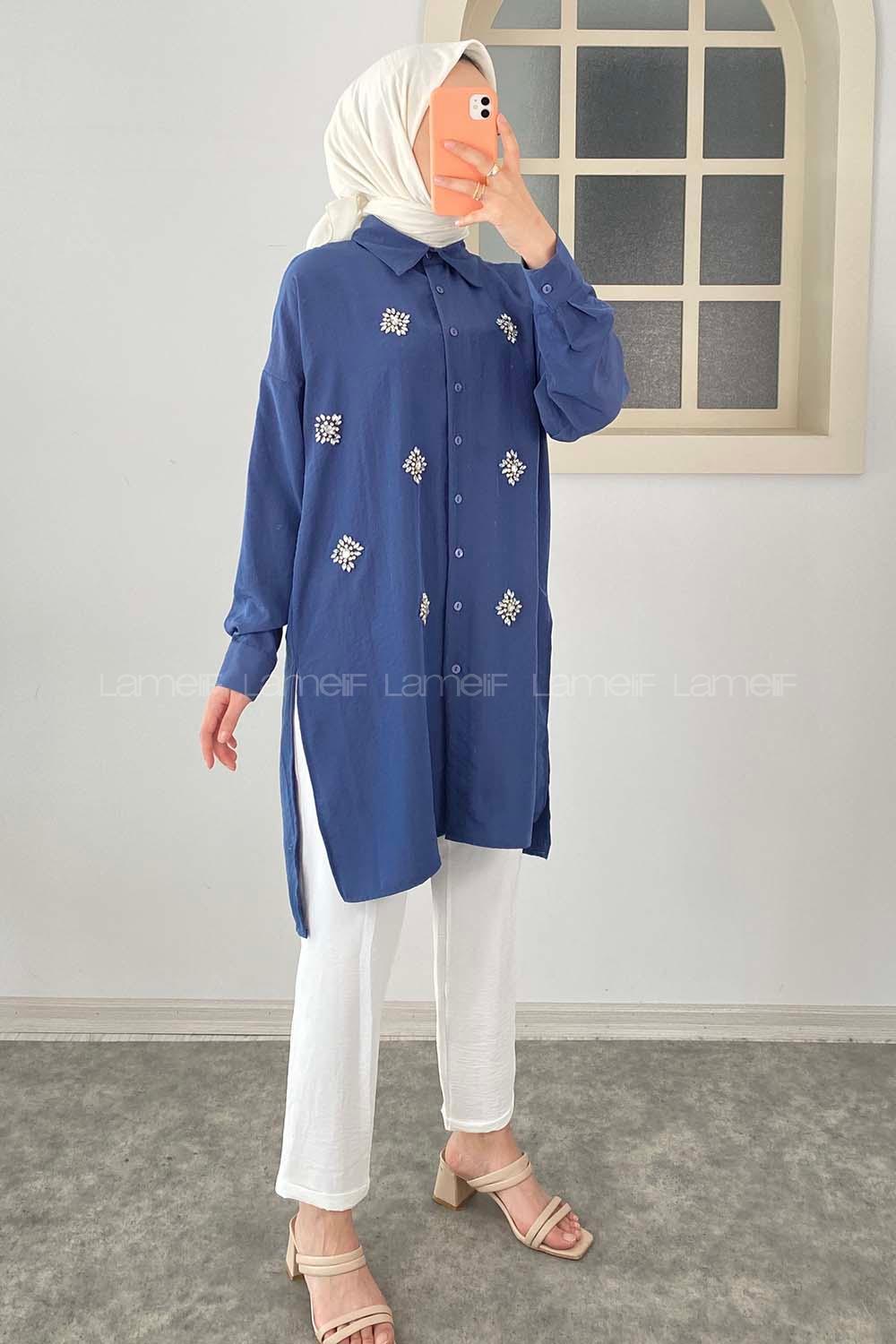 Modalamelif Önü Kristal Taş  Model Tunik Lacivert